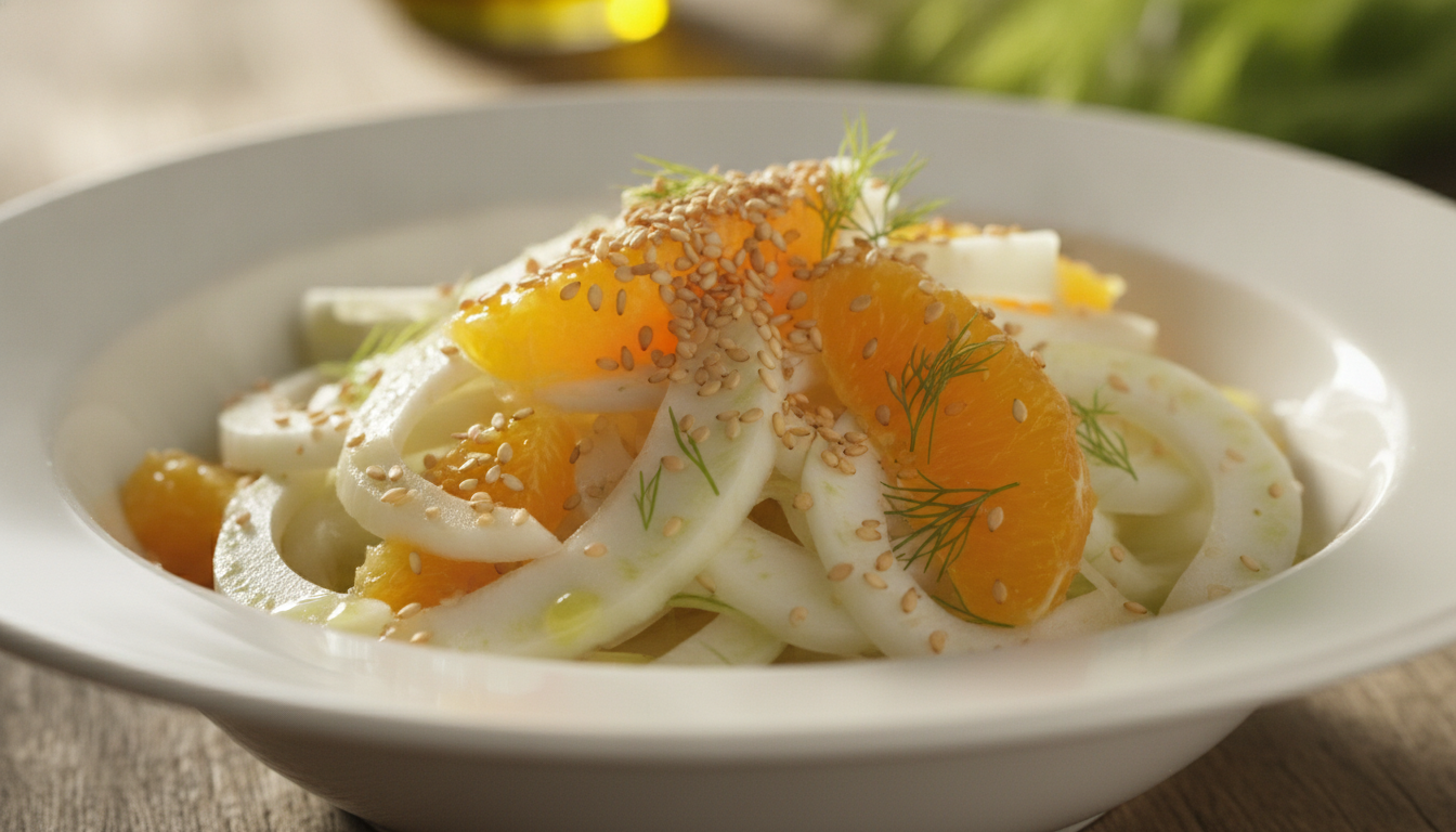 découvrez notre salade croquante et vitaminée de fenouil cru, relevée de graines de sésame et d'agrumes d'orange, une recette fraîche et facile à préparer pour un repas sain et gourmand.