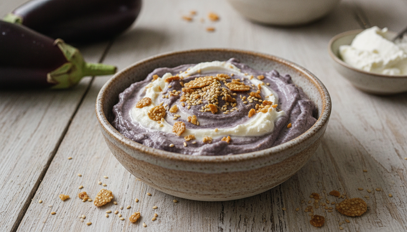découvrez une savoureuse recette de caviar d’aubergine onctueux au fromage frais, agrémenté d’éclats croquants de graines de sésame pour un goût unique et délicat.